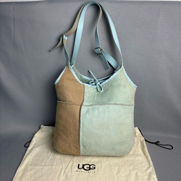 Ugg Tote Hobo Purse Shoulder Bag Bucket Sherpa Shearling Wool Baby Blue Tan - Picture 10 of 12